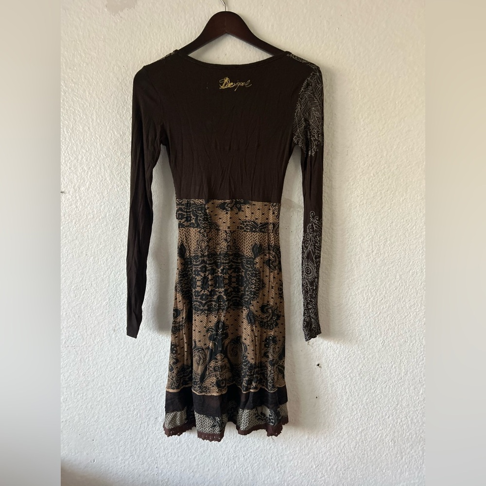DESIGUAL Ladies Long Sleeve Scoop Neck A-line Brown TISDALE Dress XS Artsy Boho - Picture 12 of 16